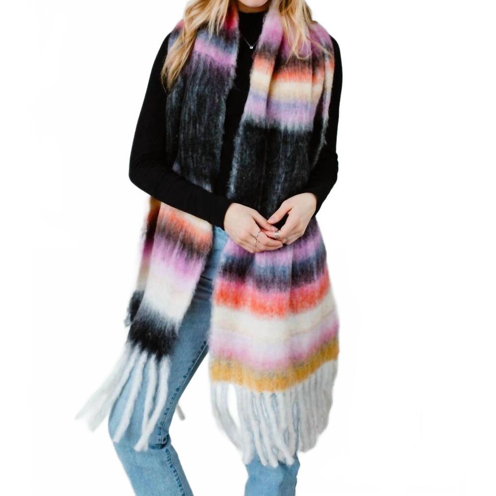 NEW PANACHE APPAREL striped fringe scarf in black multi